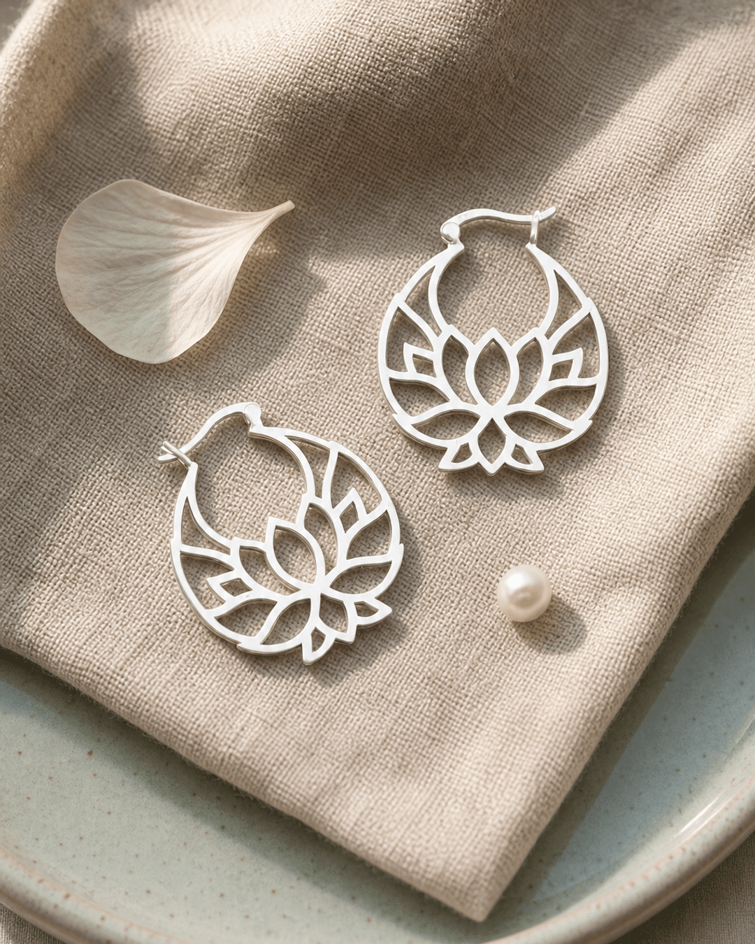 Sterling Silver Lotus Flower Hoop Earrings - Earrings