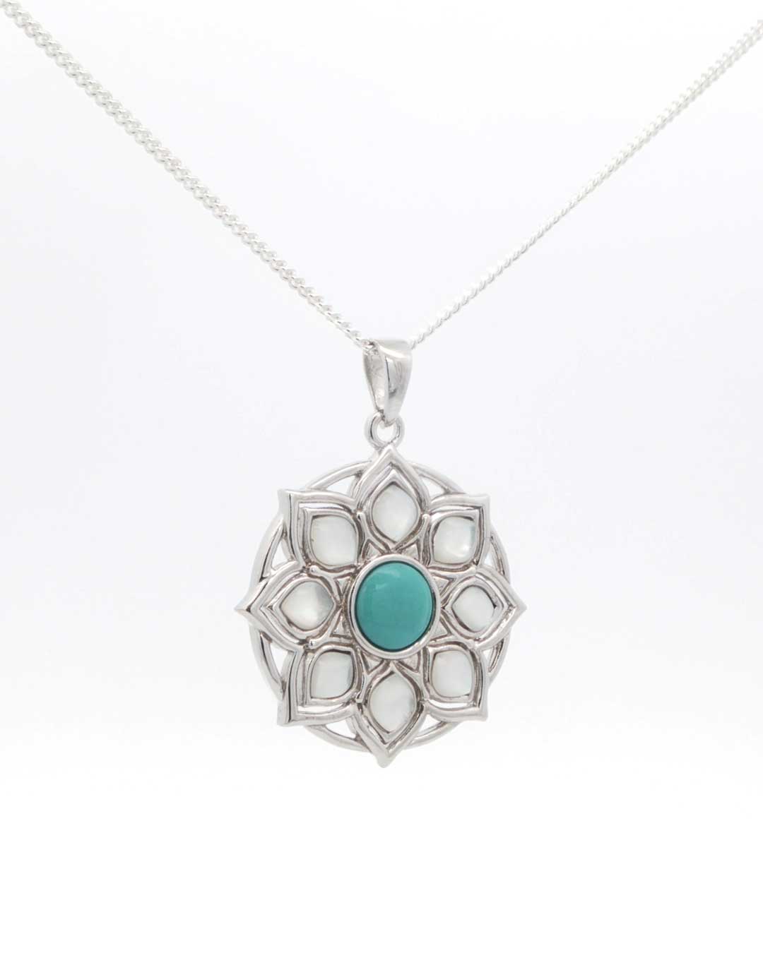 Sterling Silver Lotus Mandala Pendant – Turquoise & Mother of Pearl Inlay - Pendant
