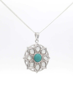 Sterling Silver Lotus Mandala Pendant – Turquoise & Mother of Pearl Inlay - Pendant