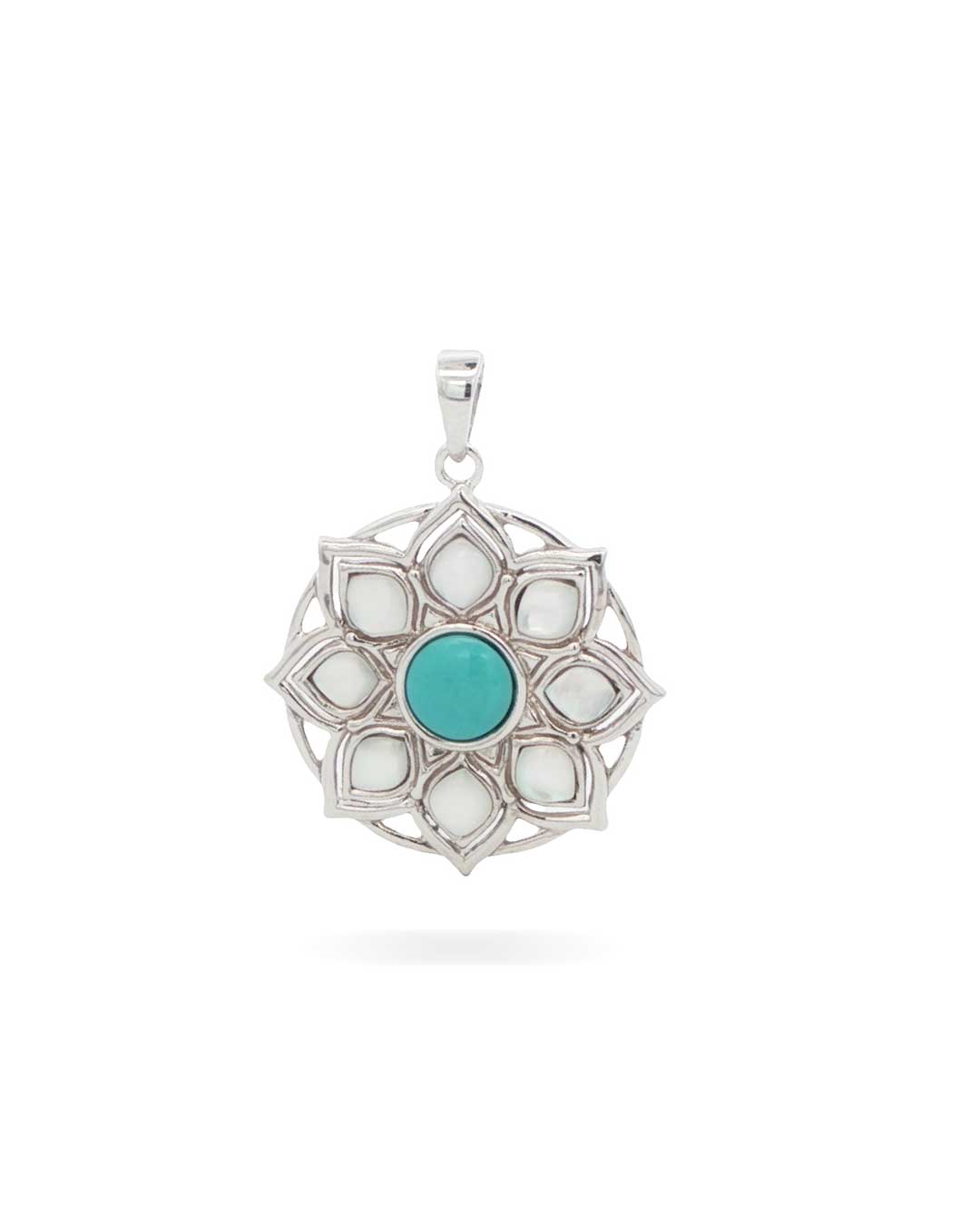 Sterling Silver Lotus Mandala Pendant – Turquoise & Mother of Pearl Inlay - Pendant