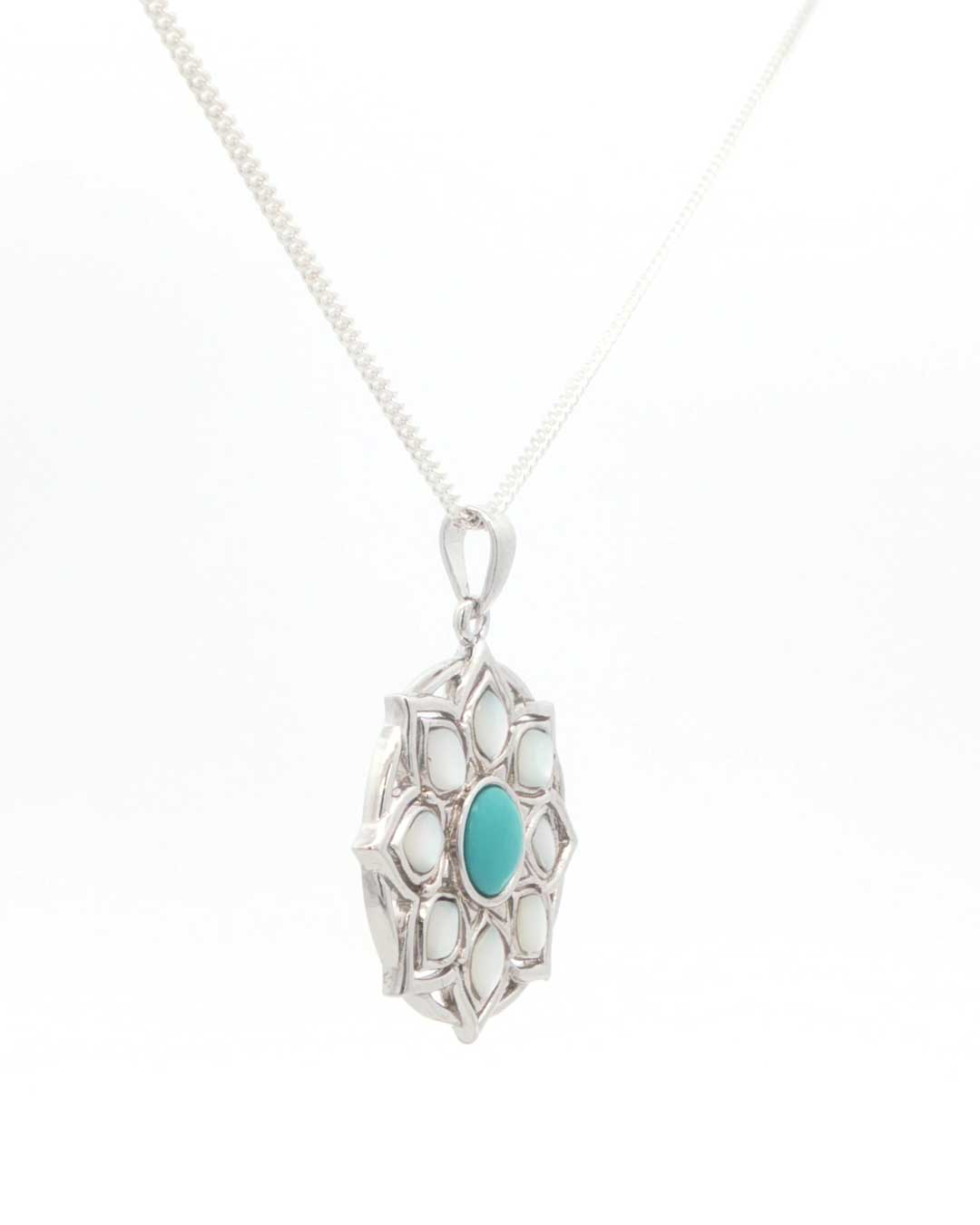 Sterling Silver Lotus Mandala Pendant – Turquoise & Mother of Pearl Inlay - Pendant