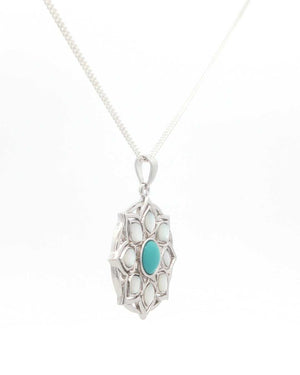 Sterling Silver Lotus Mandala Pendant – Turquoise & Mother of Pearl Inlay - Pendant