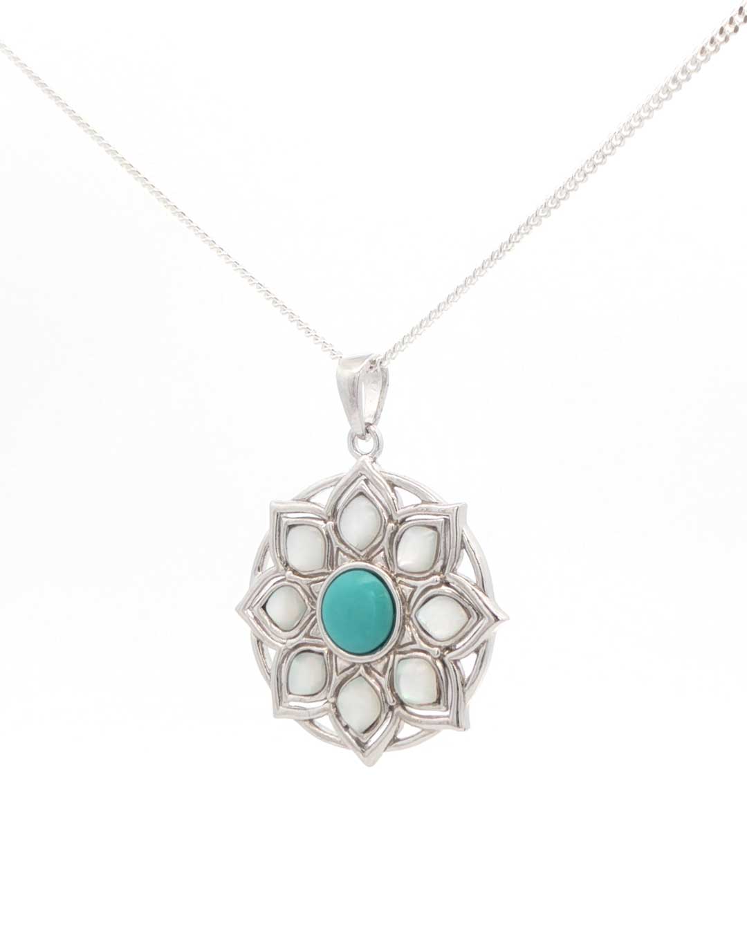 Sterling Silver Lotus Mandala Pendant – Turquoise & Mother of Pearl Inlay - Pendant