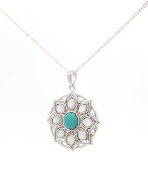 Sterling Silver Lotus Mandala Pendant – Turquoise & Mother of Pearl Inlay - Pendant