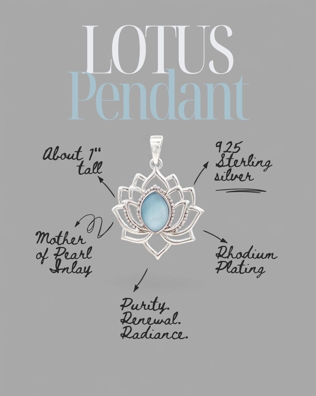 Sterling Silver Lotus Pendant – Rhodium - Plated with Mother of Pearl Inlay - Charms & Pendants