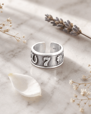 Sterling Silver Lucky Symbols Ring – Adjustable Band with Horseshoe, Ladybug, Four - Leaf Clover, 7, and Wishbone - Rings