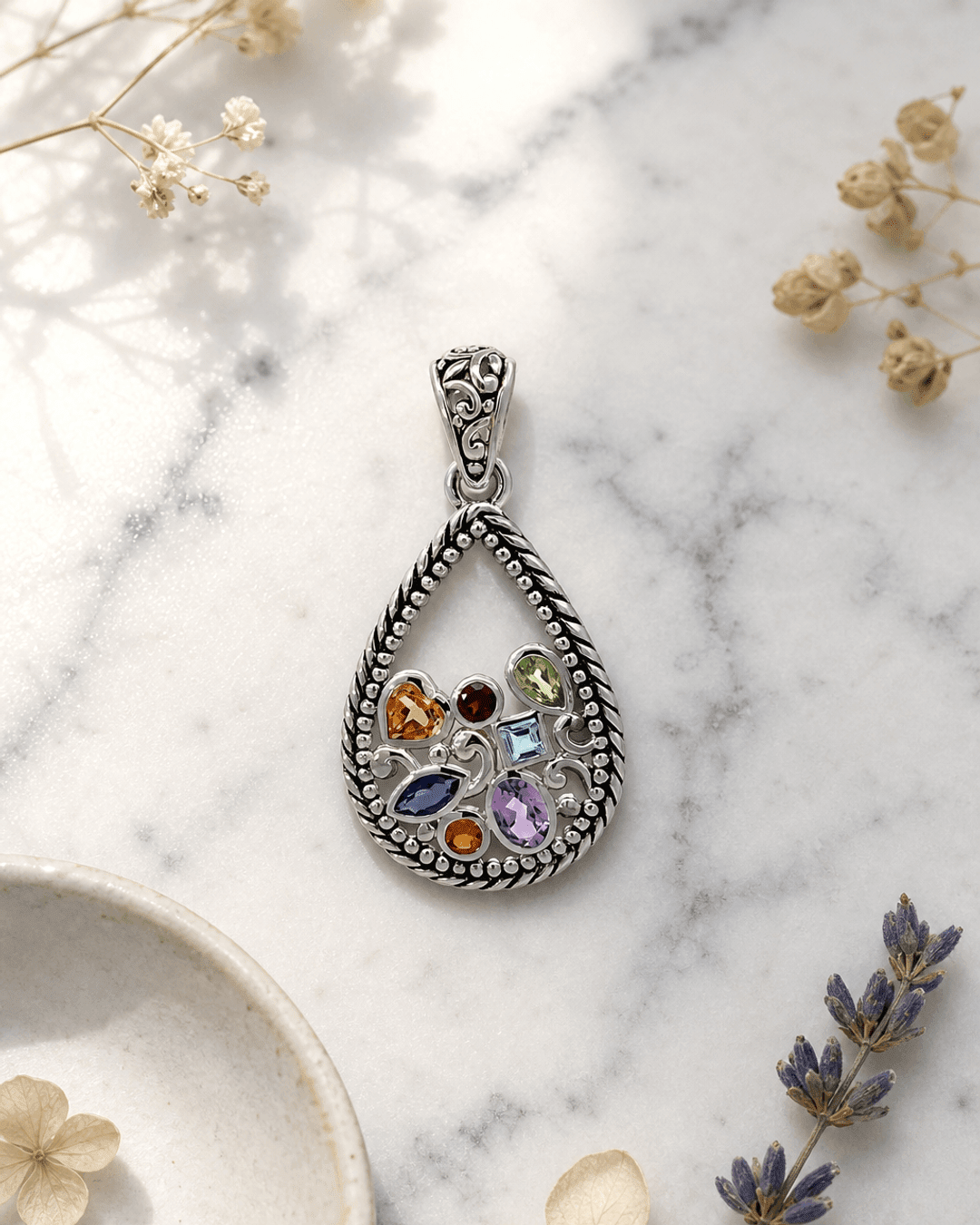 Sterling Silver Mixed Geometry Teardrop Chakra Rainbow Pendant - Charms & Pendants