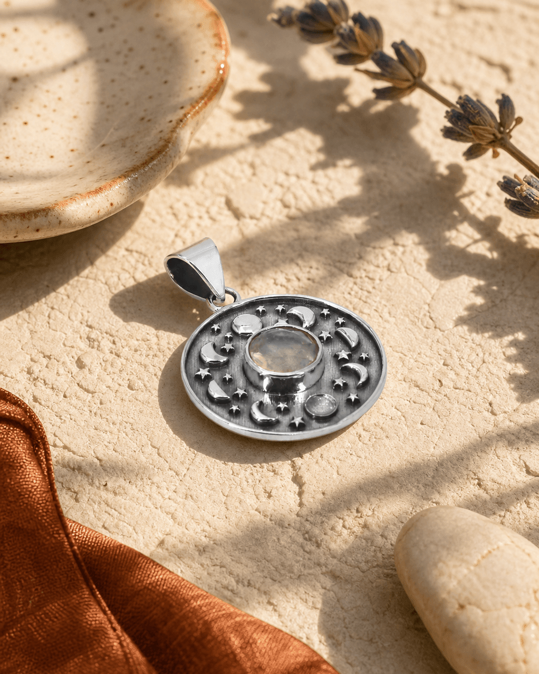 Sterling Silver Moon Phase Celestial Pendant with Moonstone - Charms & Pendants