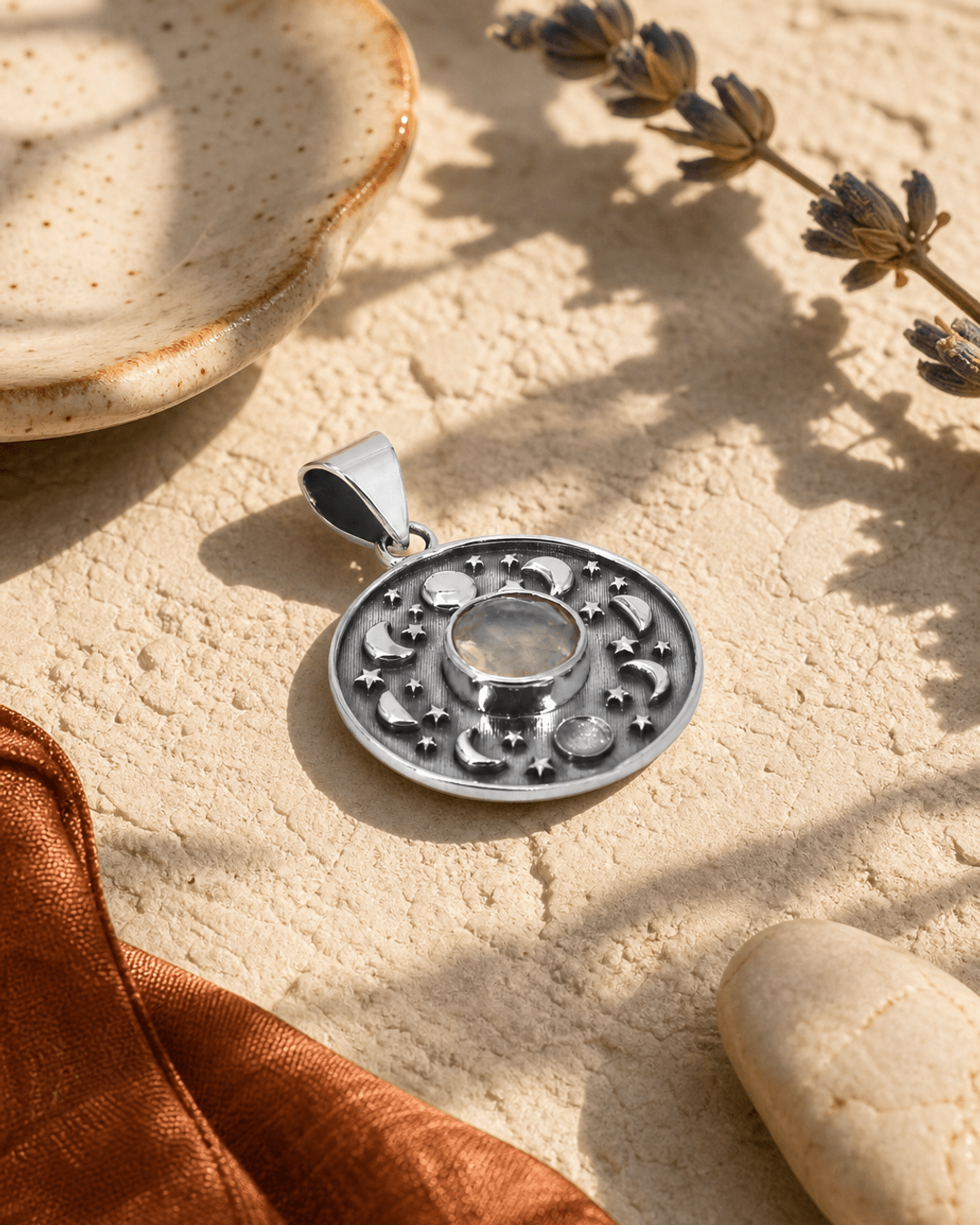Sterling Silver Moon Phase Celestial Pendant with Moonstone — charms & pendants, vibey shadow lifestyle photo