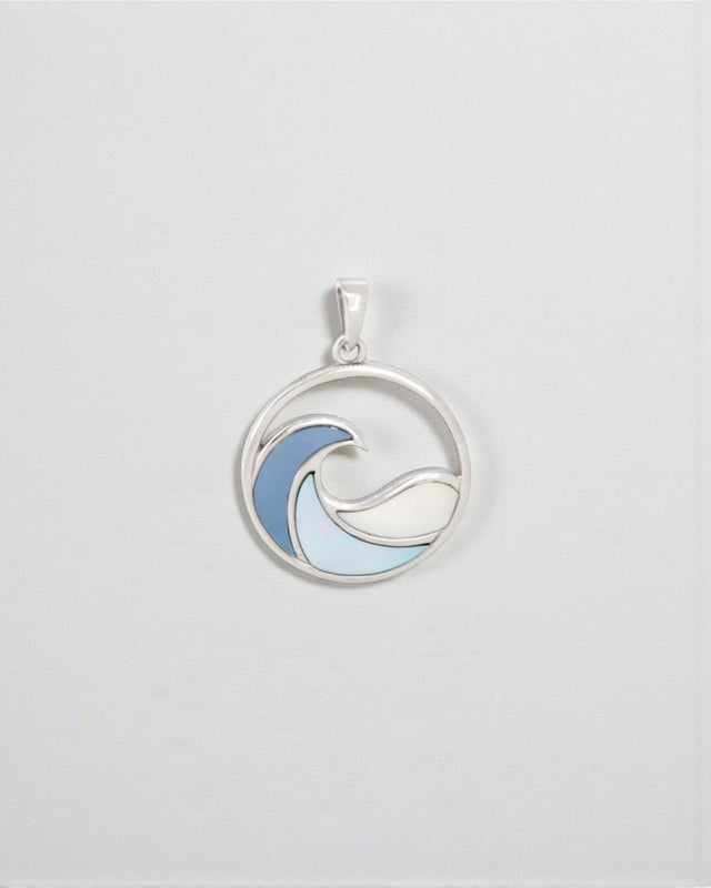 Sterling Silver Ocean Wave Pendant – Three - Tone Mother of Pearl Inlay, Rhodium - Plated - Pendant