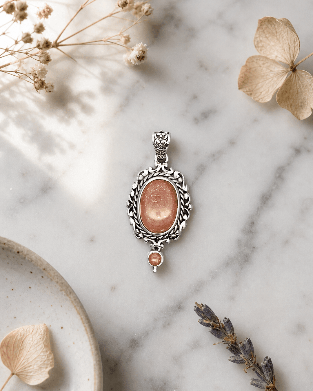 Sterling Silver Peach Moonstone Frame Pendant - Charms & Pendants