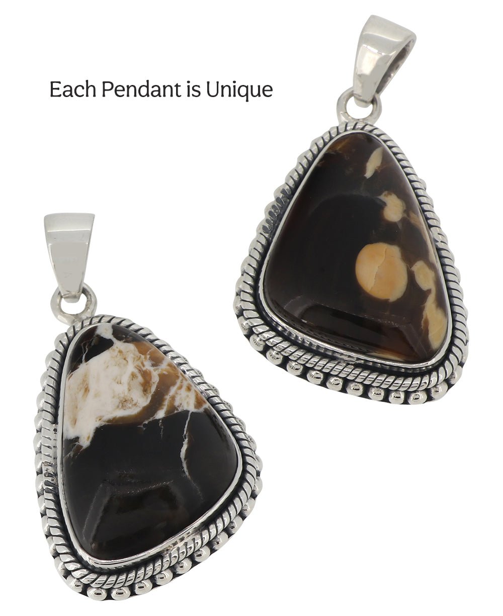 Sterling Silver Peanut Wood Jasper Pendant - Unique Fluid Organic Triangle - Pendants