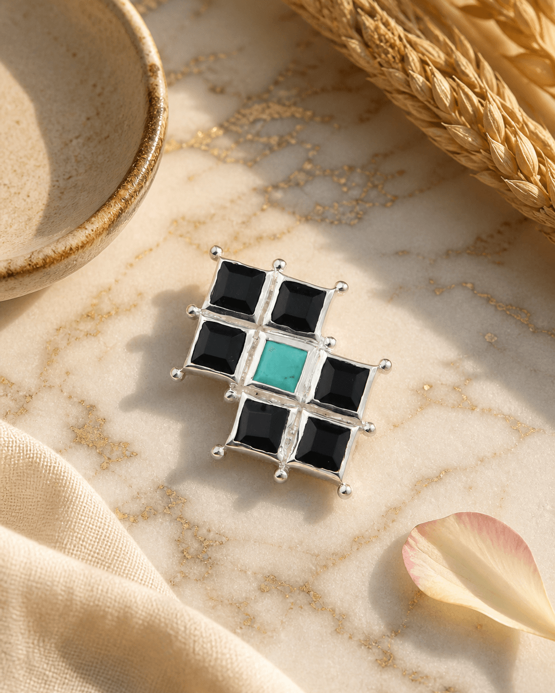 Sterling Silver Protection Grid Turquoise and Onyx Pendant - Charms & Pendants