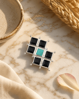 Sterling Silver Protection Grid Turquoise and Onyx Pendant - Charms & Pendants