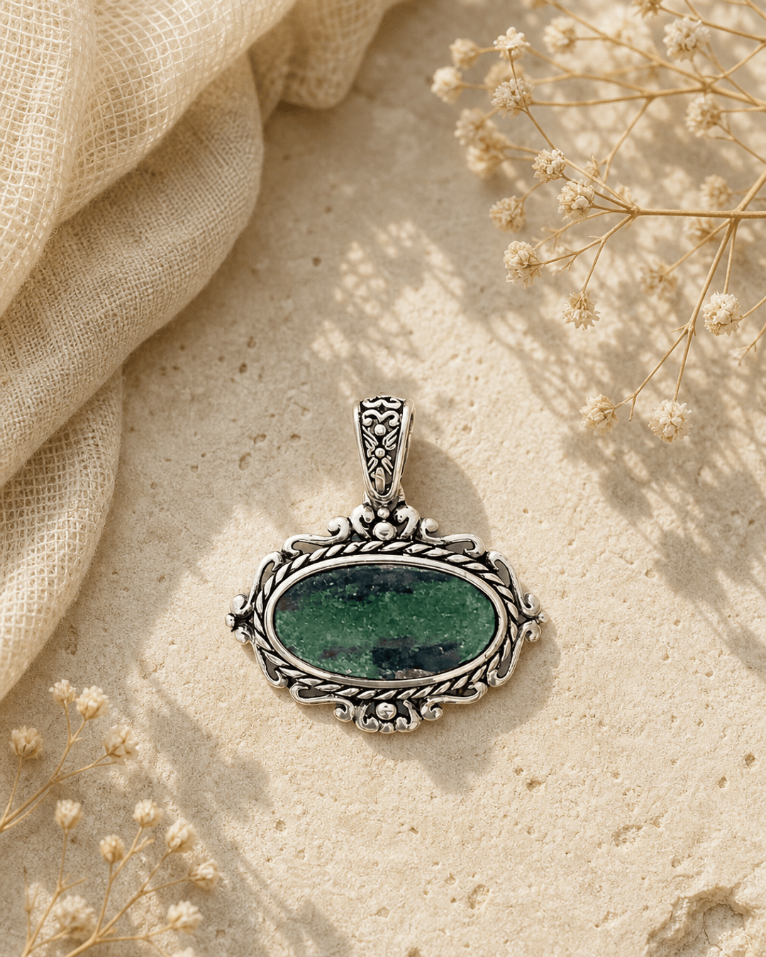 Sterling Silver Ruby Zoisite Pendant — charms & pendants, editorial travertine lifestyle photo