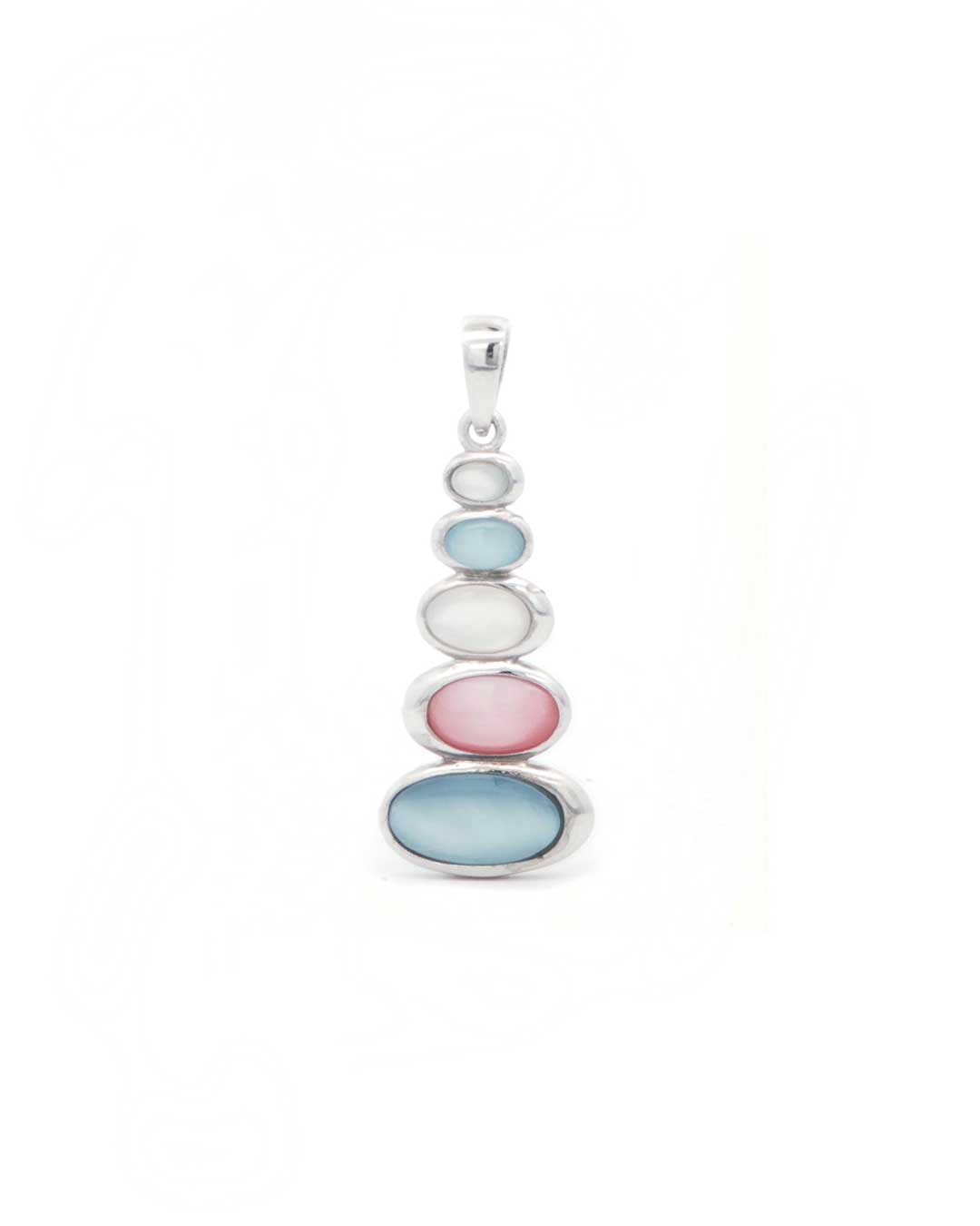 Sterling Silver Stacked Cairn Pendant – Multicolor Mother of Pearl Oval Cabochons - Pendant
