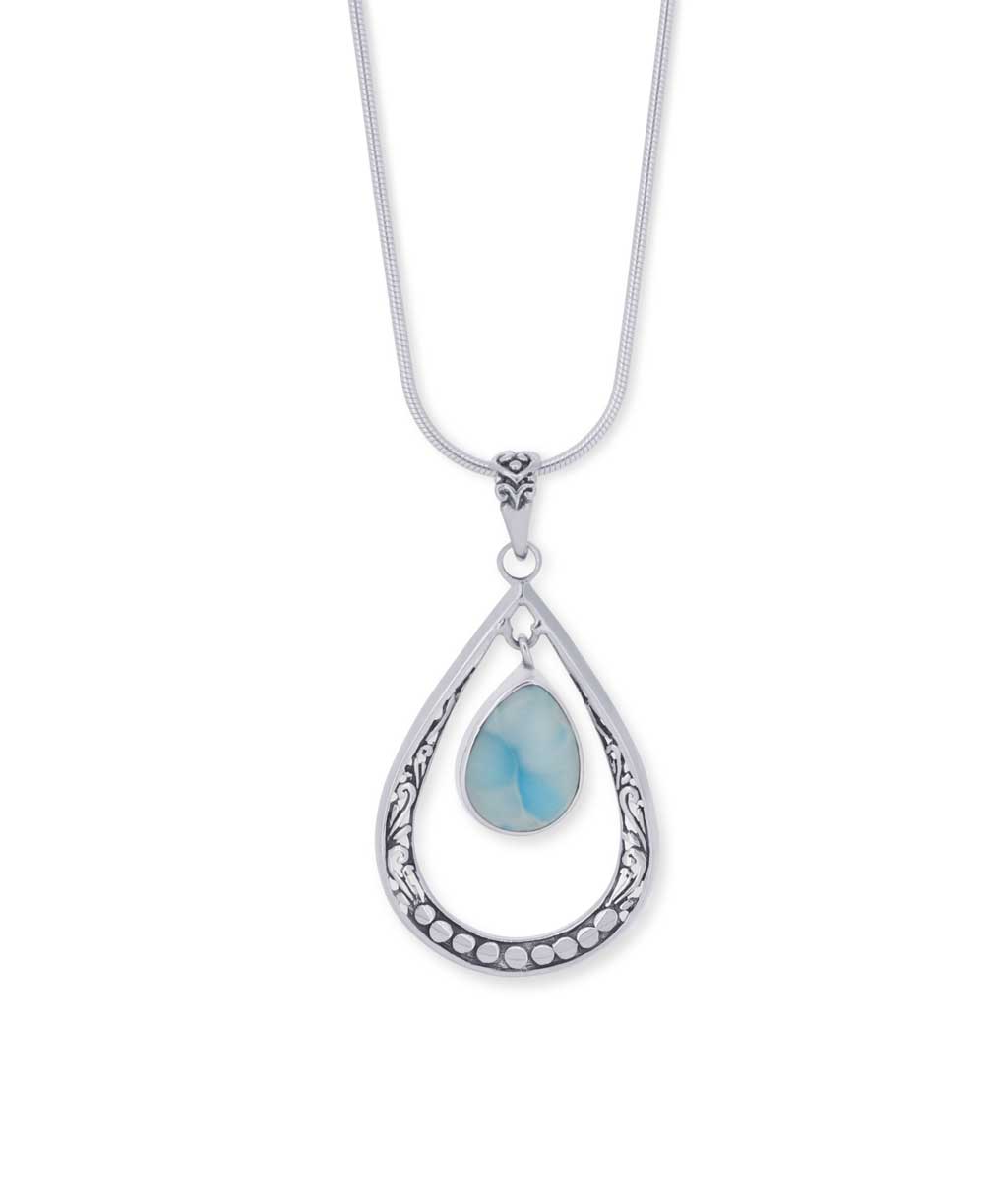 Sterling Silver Teardrop Floral Larimar Pendant - Pendants