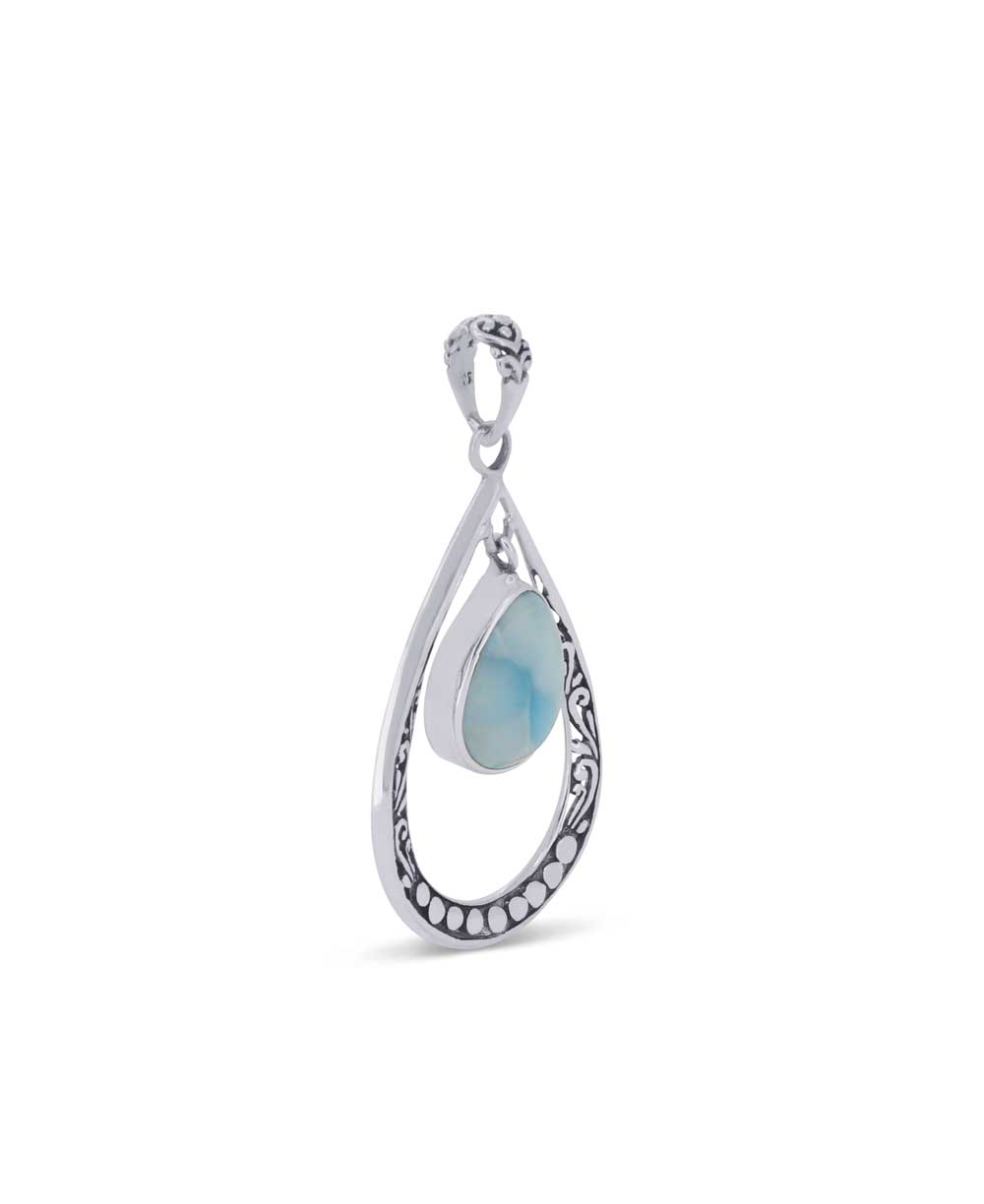 Sterling Silver Teardrop Floral Larimar Pendant - Pendants