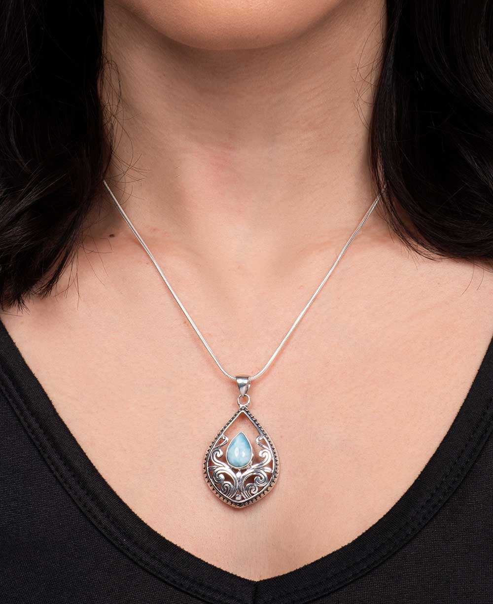 Sterling Silver Teardrop Larimar Vine Pendant - Pendants