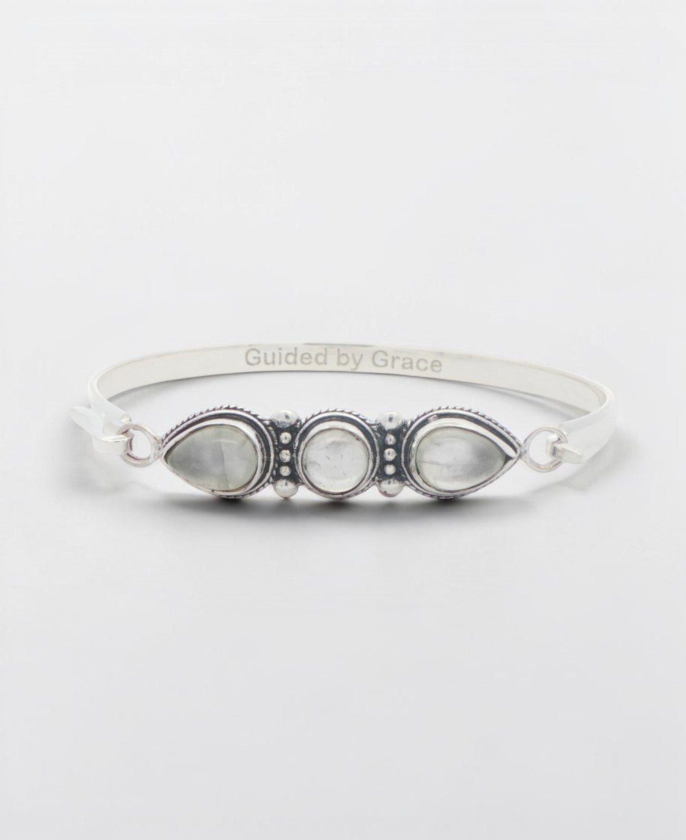Three - Stone Moonstone Bracelet in Silver - Plated White Bronze — Guided by Grace Engraving - Jewelry