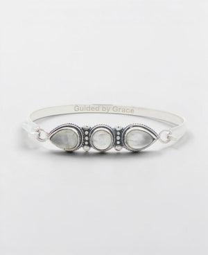 Three - Stone Moonstone Bracelet in Silver - Plated White Bronze — Guided by Grace Engraving - Jewelry