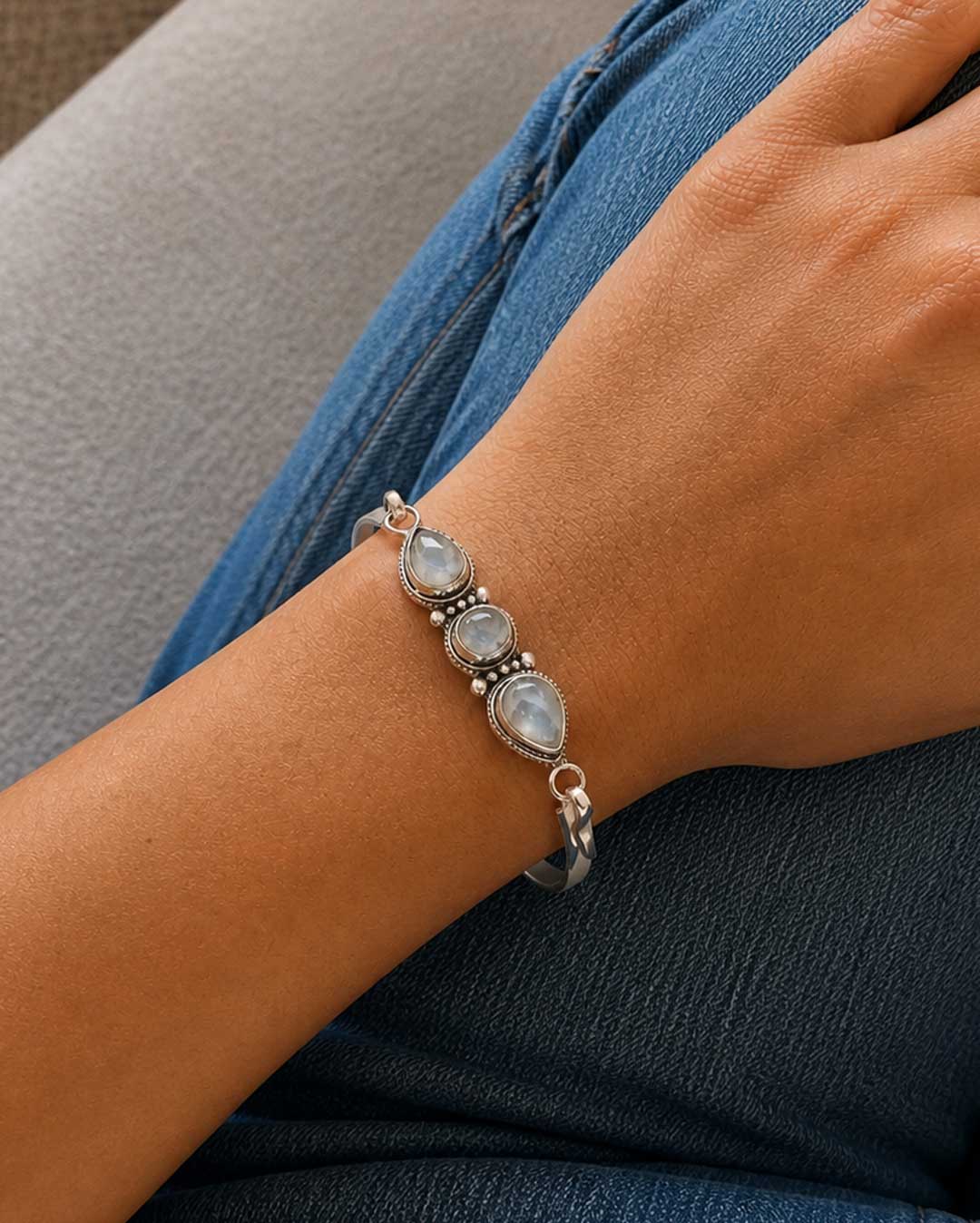Three-Stone Moonstone Bracelet in Silver-Plated White Bronze