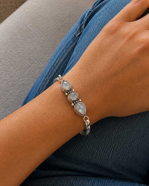 Three - Stone Moonstone Bracelet in Silver - Plated White Bronze — Guided by Grace Engraving - Jewelry