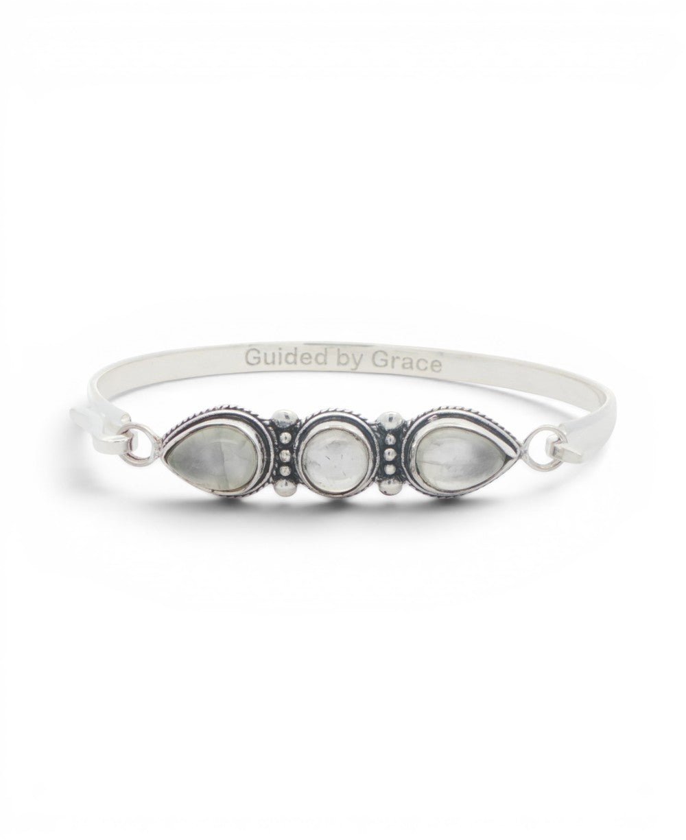 Three - Stone Moonstone Bracelet in Silver - Plated White Bronze — Guided by Grace Engraving - Jewelry