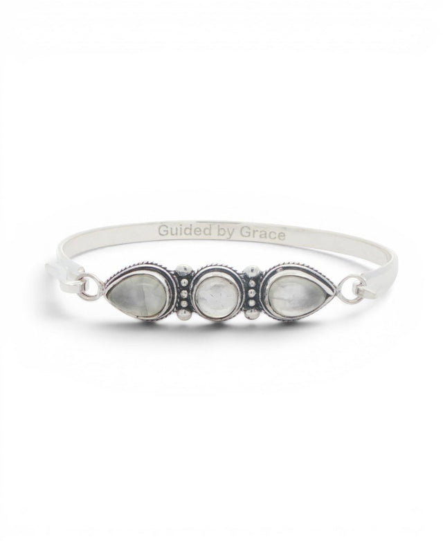 Three - Stone Moonstone Bracelet in Silver - Plated White Bronze — Guided by Grace Engraving - Jewelry
