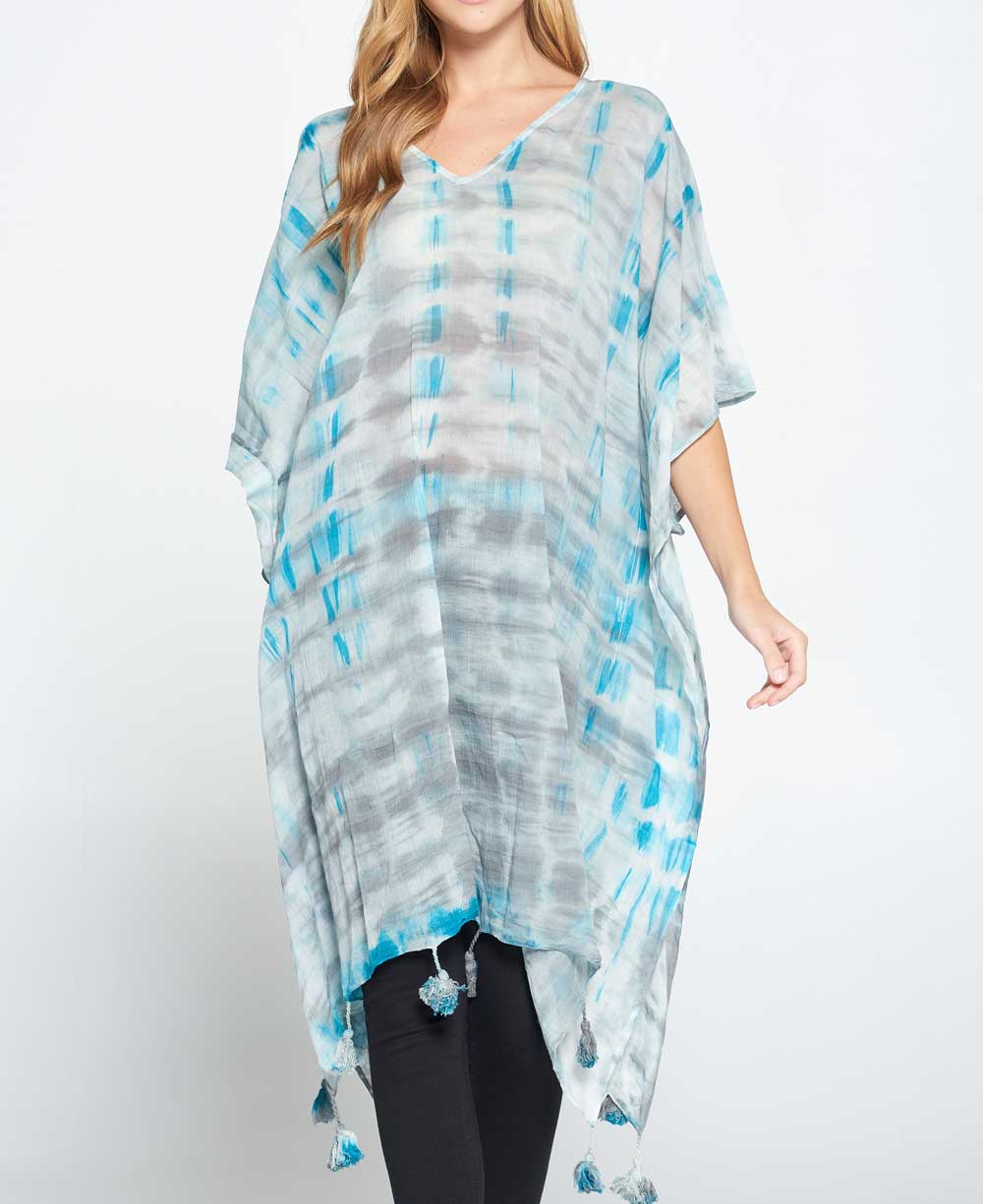 Tie and Dye Sheer Cotton Kaftan in Grey and Turquoise Tones - Apparel S/M