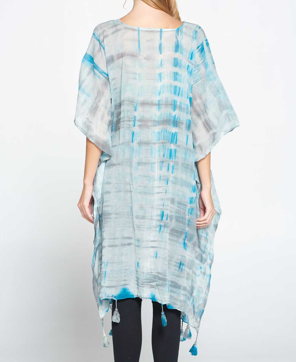 Tie and Dye Sheer Cotton Kaftan in Grey and Turquoise Tones - Apparel S/M