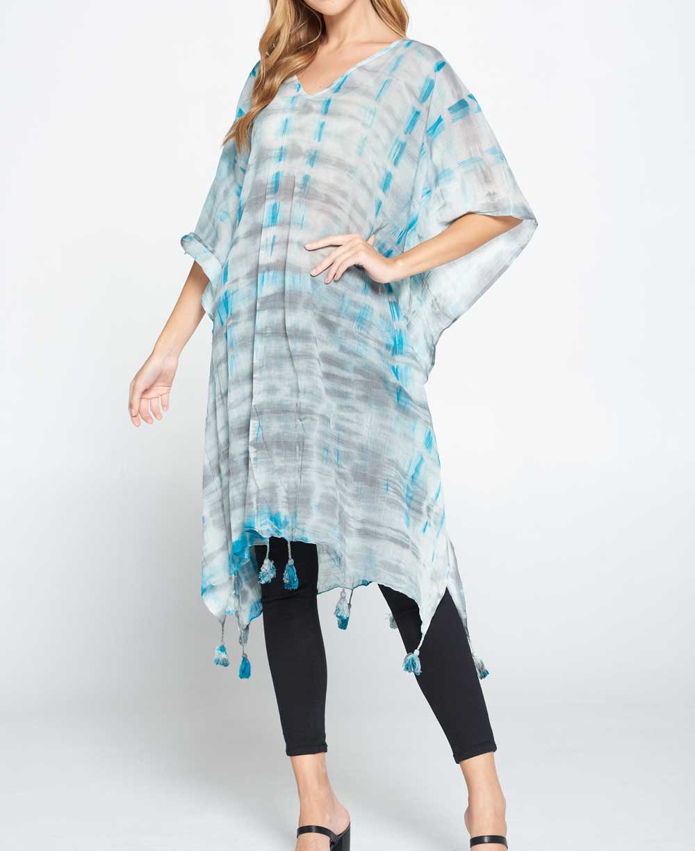 Tie and Dye Sheer Cotton Kaftan in Grey and Turquoise Tones - Apparel S/M