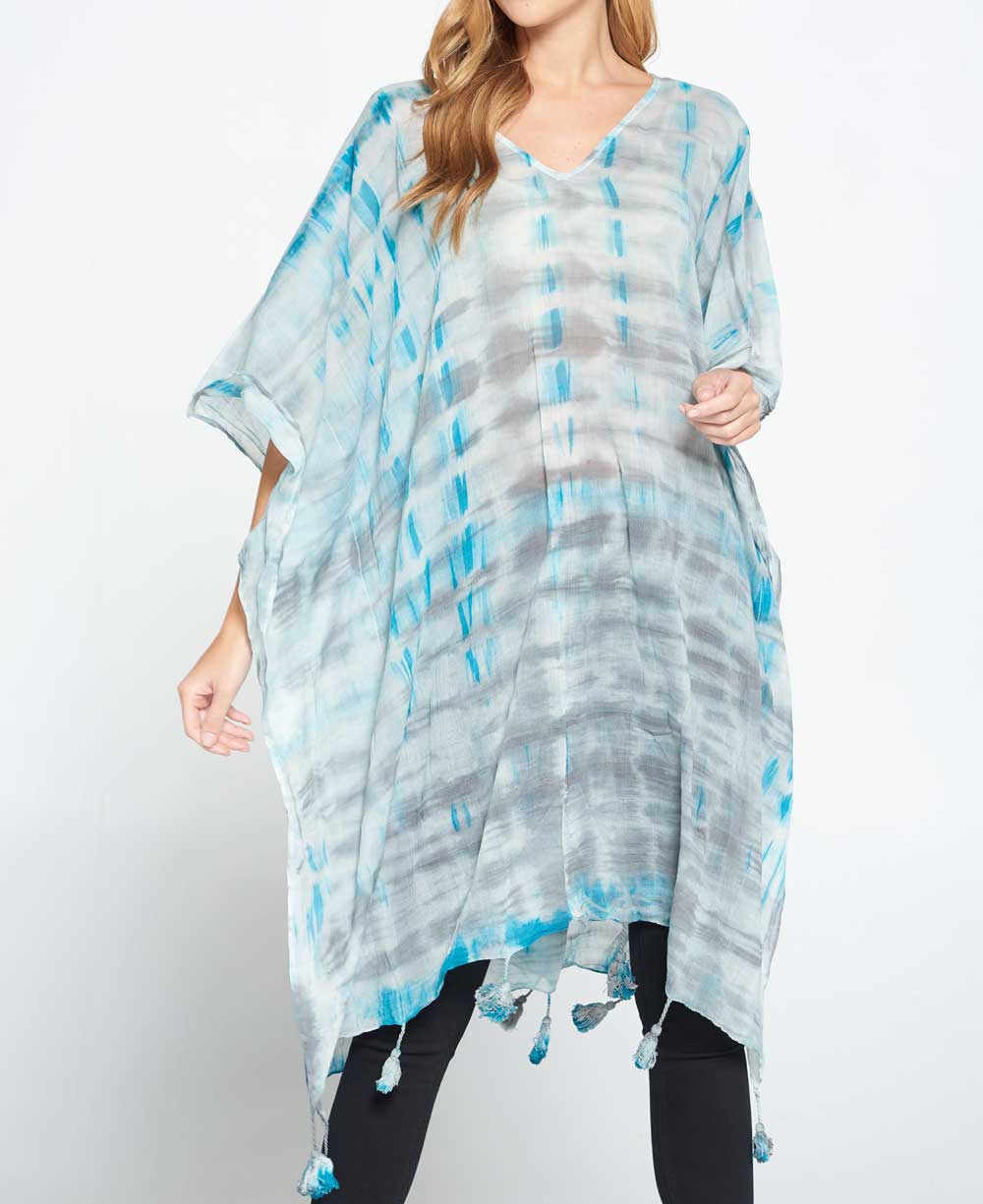 Tie and Dye Sheer Cotton Kaftan in Grey and Turquoise Tones - Apparel S/M