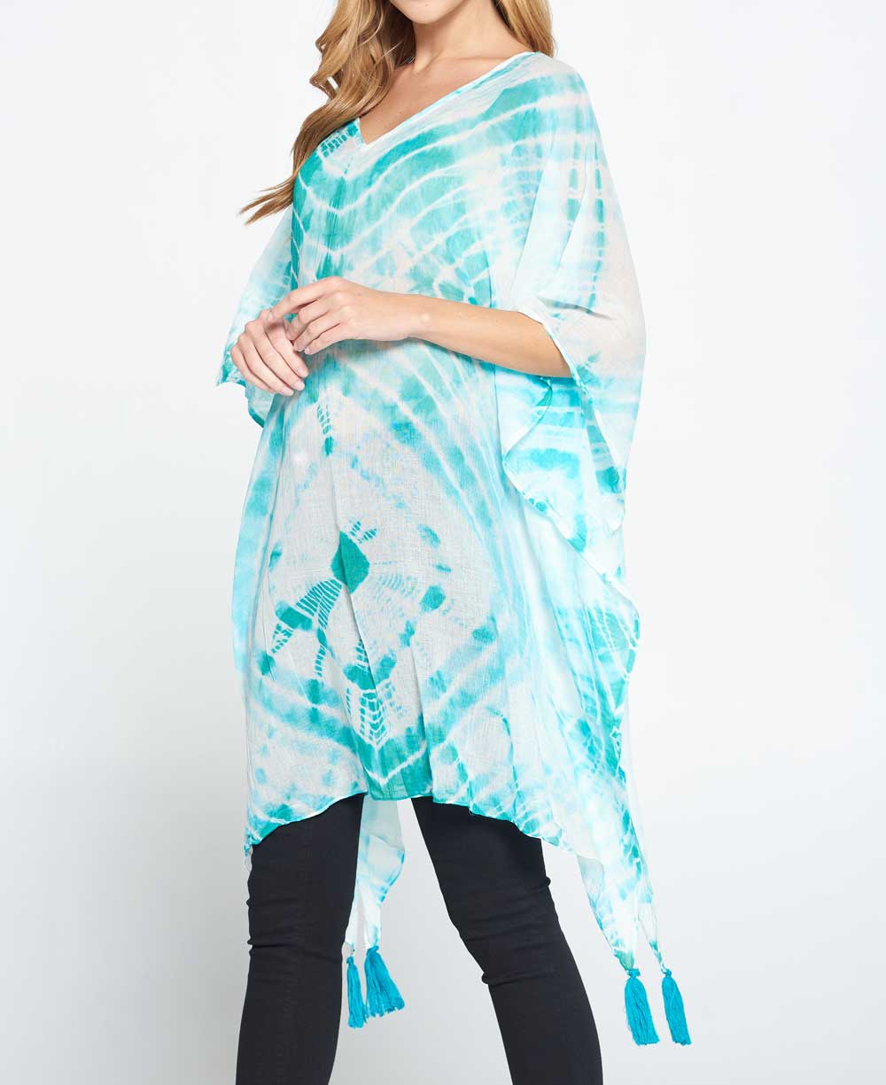 Tie and Dye Sheer Cotton Kaftan in Sea Green - Kimonos