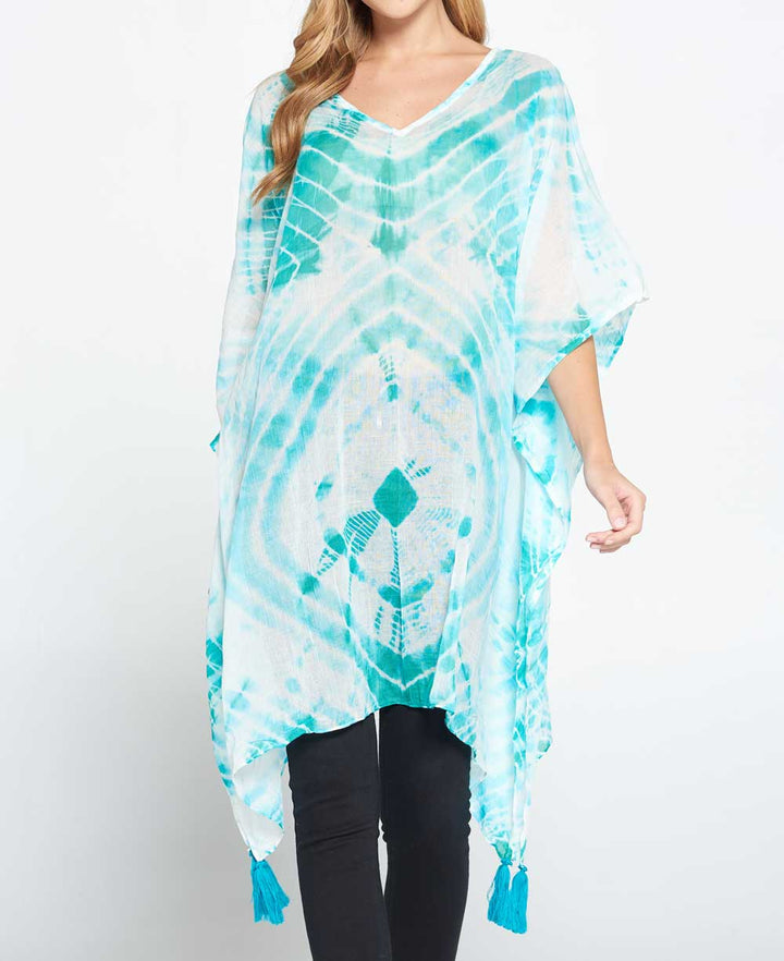 Tie and Dye Sheer Cotton Kaftan in Sea Green - Kimonos