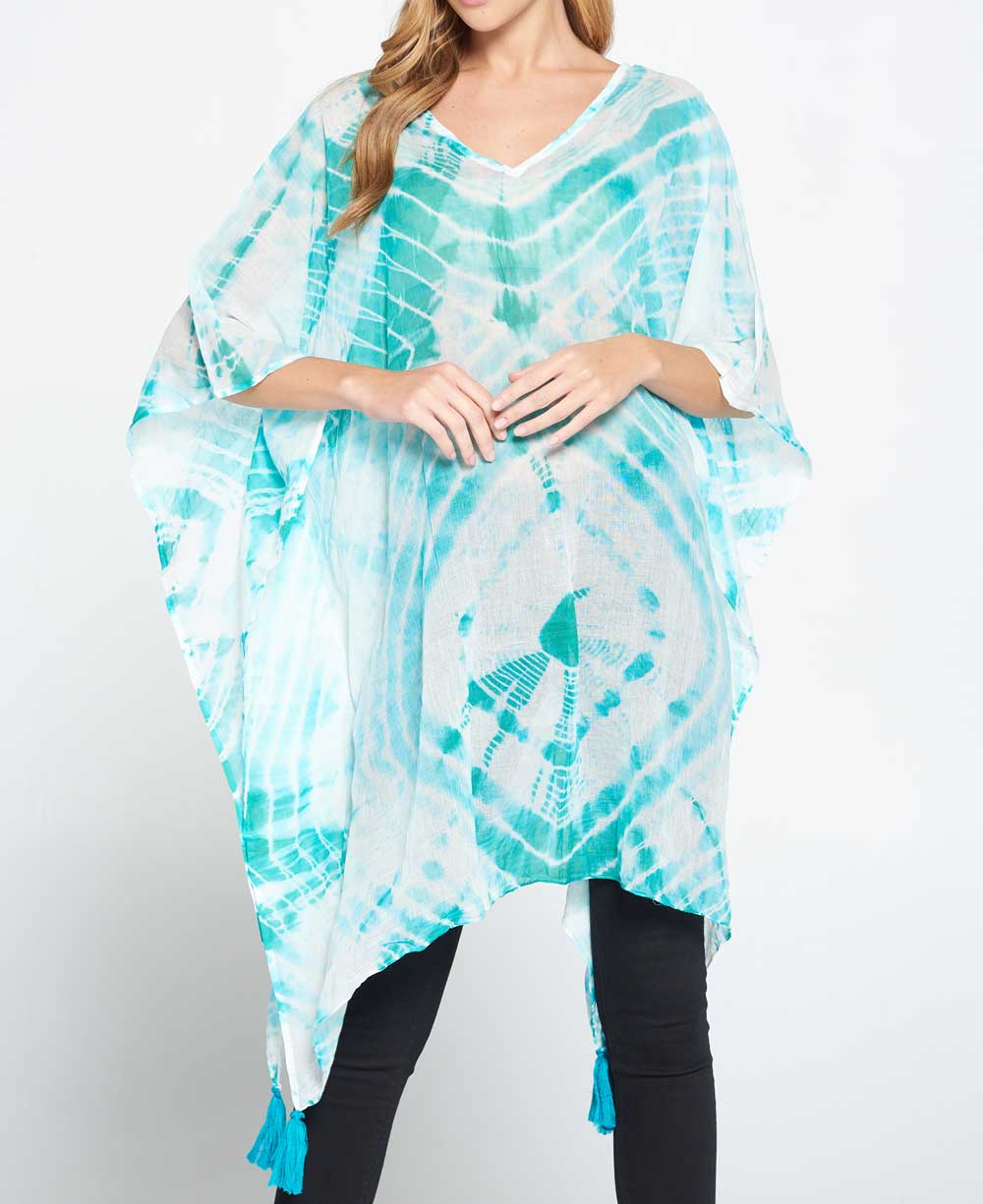 Tie and Dye Sheer Cotton Kaftan in Sea Green - Kimonos