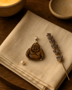 Tiger's Eye and Sterling Silver Happy Buddha Pendant - Charms & Pendants