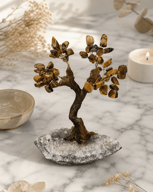 Tiger’s Eye Gemstone Tree Bonsai for Strength & Balance - New