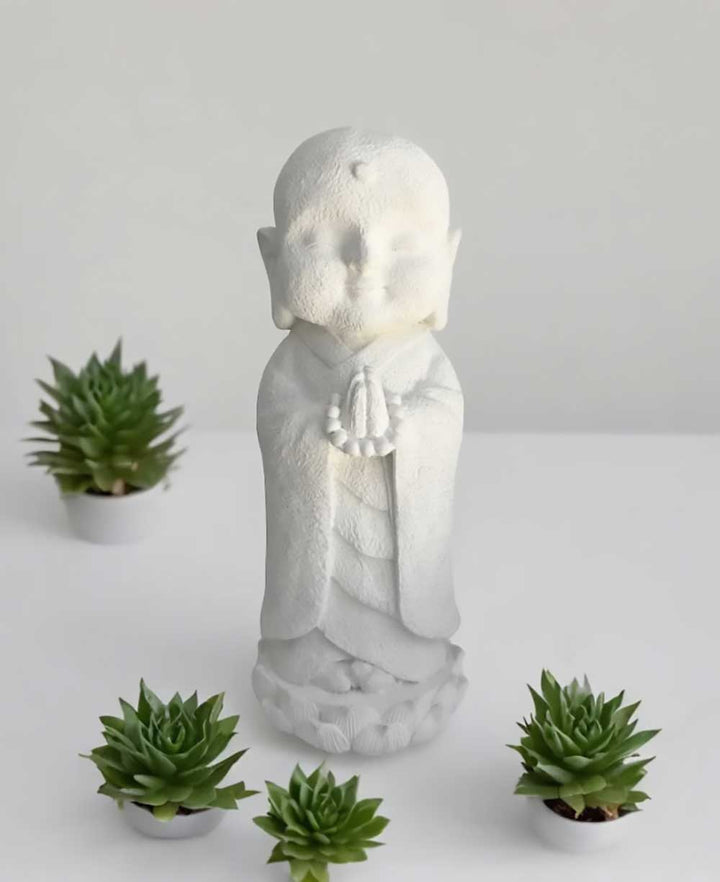 Tranquil Jizo Statue in Natural White Sandstone Finish - Sculptures & Statues