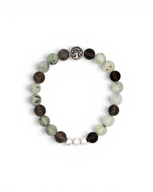 Tree of Life gemstone bracelet flat lay showing alternating smoky quartz and prehnite 8mm beads with silver tree charm