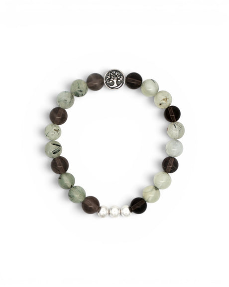 Tree of Life gemstone bracelet flat lay showing alternating smoky quartz and prehnite 8mm beads with silver tree charm