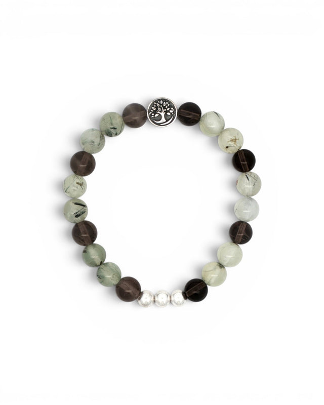 Tree of Life gemstone bracelet flat lay showing alternating smoky quartz and prehnite 8mm beads with silver tree charm