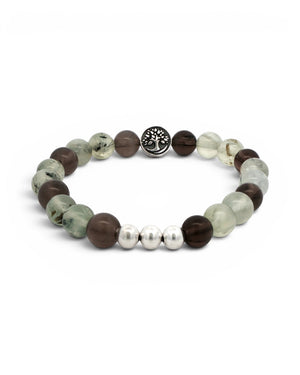 Tree of Life bracelet three-quarter angle on white background showing smoky quartz, prehnite beads and three silver accent beads