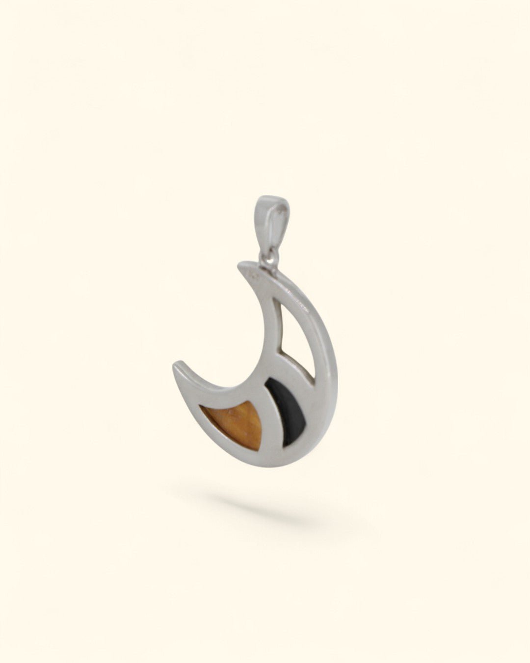 Tricolor Crescent Inlay Moon Pendant – Sterling Silver with Tiger’s Eye, Hematite & Mother of Pearl - Pendant