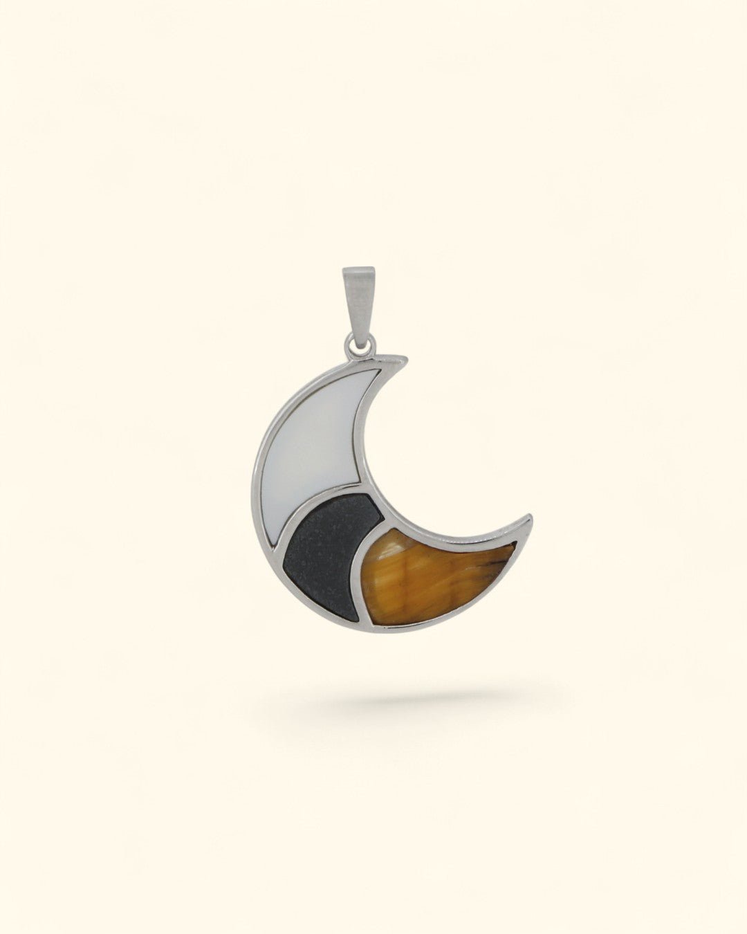 Tricolor Crescent Inlay Moon Pendant – Sterling Silver with Tiger’s Eye, Hematite & Mother of Pearl - Pendant