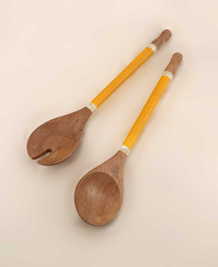 Turmeric Yellow Capiz Shell and Wood Salad Servers - Serveware