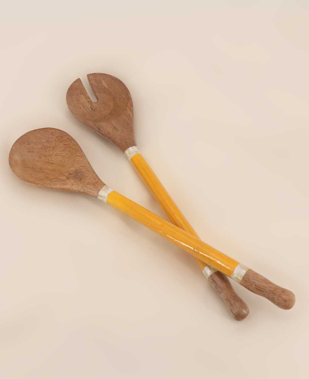 Turmeric Yellow Capiz Shell and Wood Salad Servers - Serveware