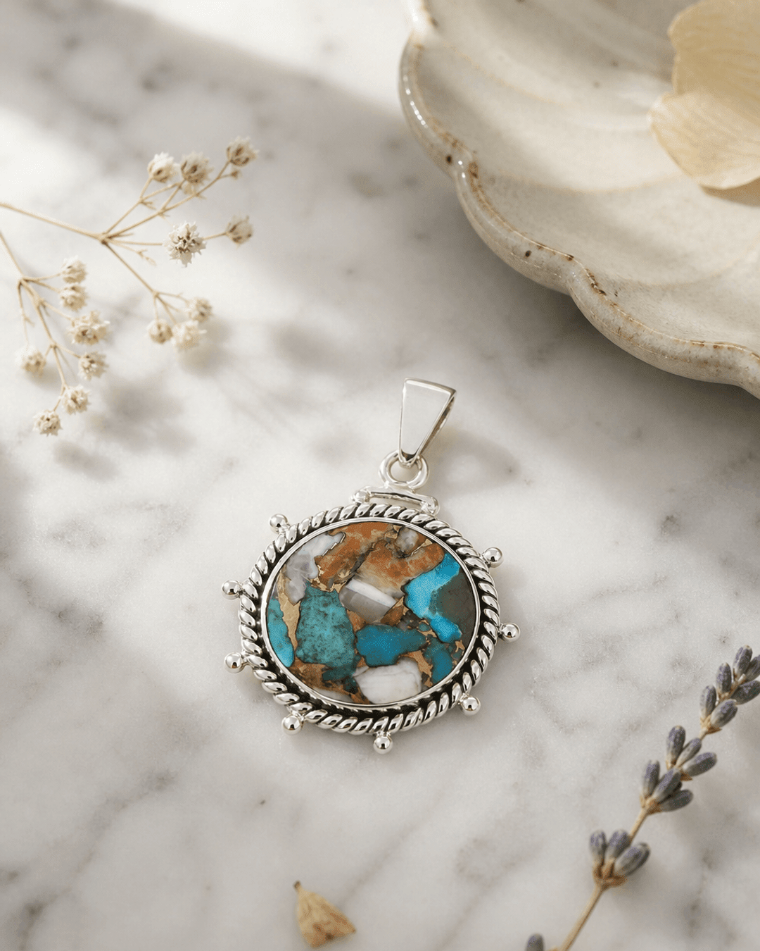 Turquoise Spiny Oyster Sterling Silver Wheel Pendant - Charms & Pendants