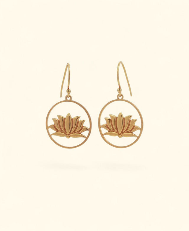 Wire Frame Lotus Dangle Earrings — Gold Plated Brass Lotus Hoops - Earrings