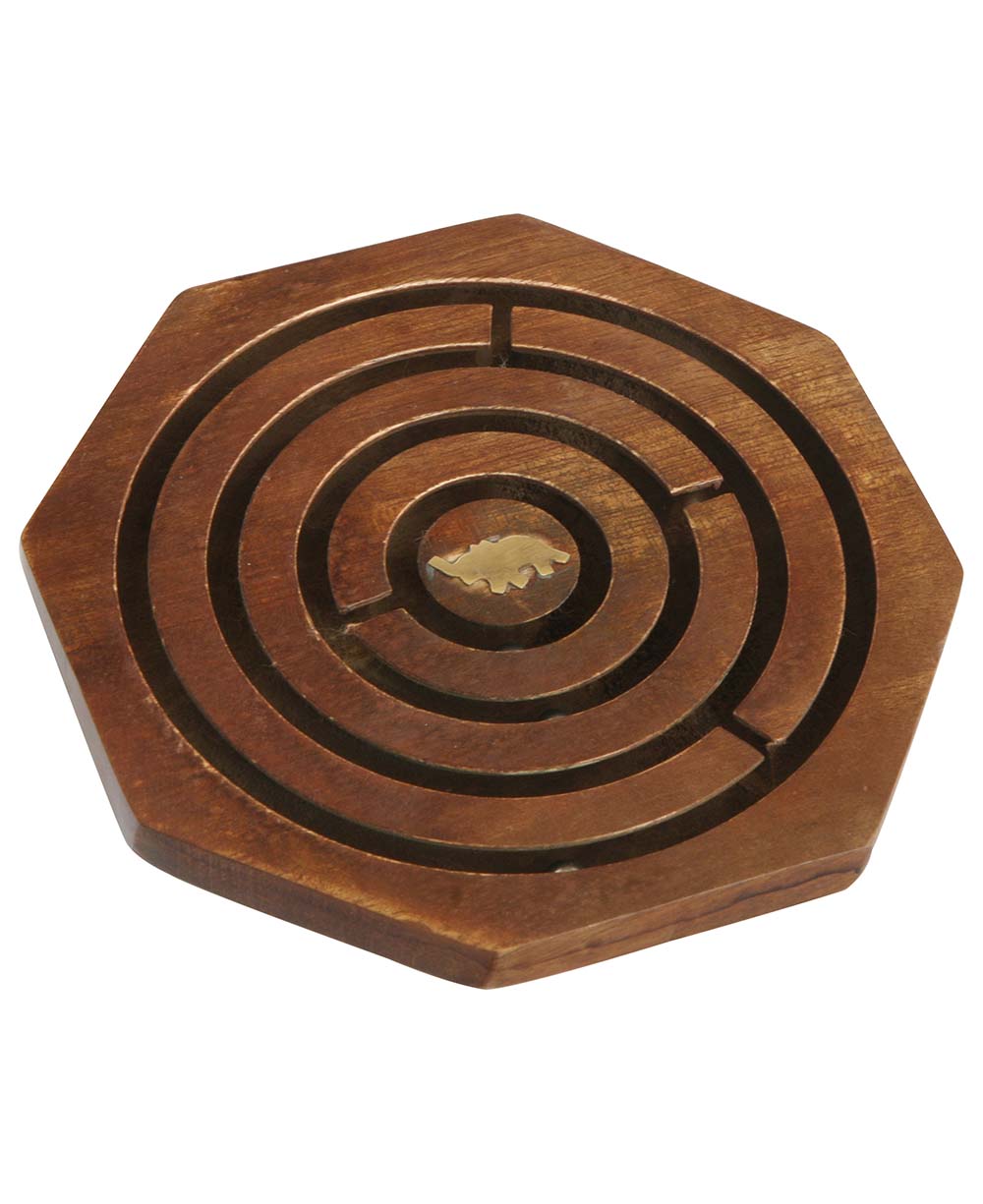 Wood Labyrinth Meditative Game with Brass Inlay Design - Desk Accessories